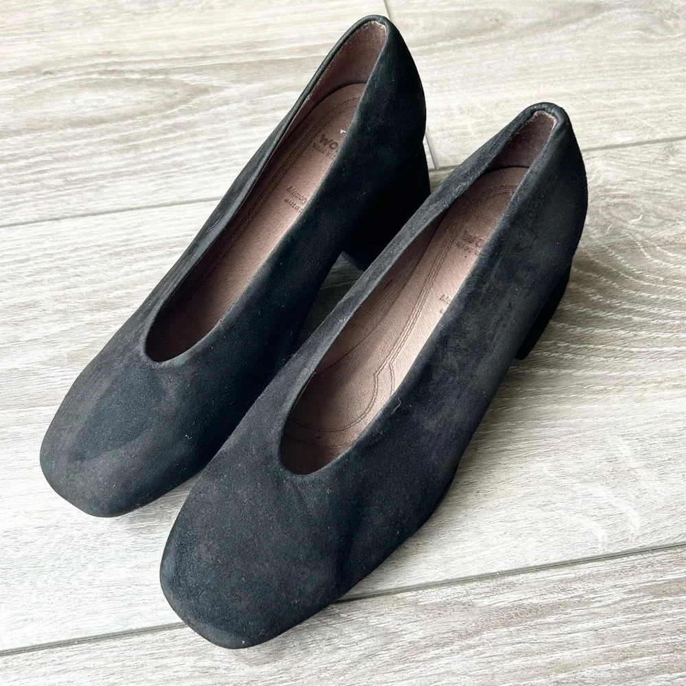 Wonders Black Suede Block Chunky Heel Pumps Made in Spain
